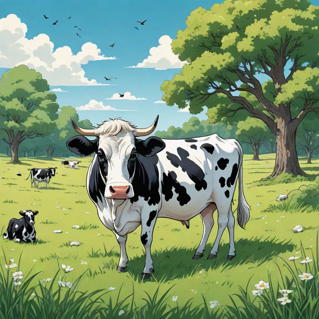 a cow standing in a field with other cows in the background and a tree in the foreground with a sky background, Chris LaBrooy, environmental art, a storybook illustration, furaffinity