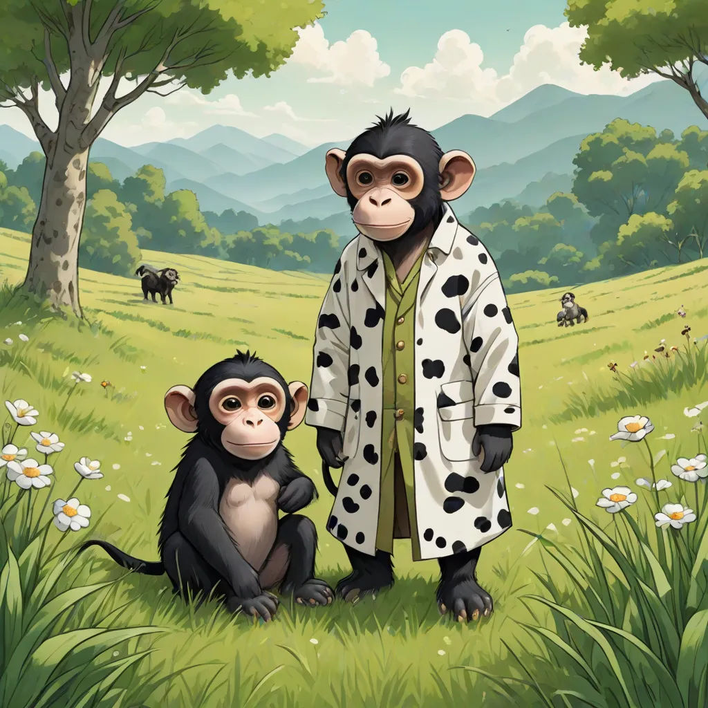 a man and a monkey are standing in a field with a cow in the background and a mountain in the background, Chris LaBrooy, primitivism, a painting, official art