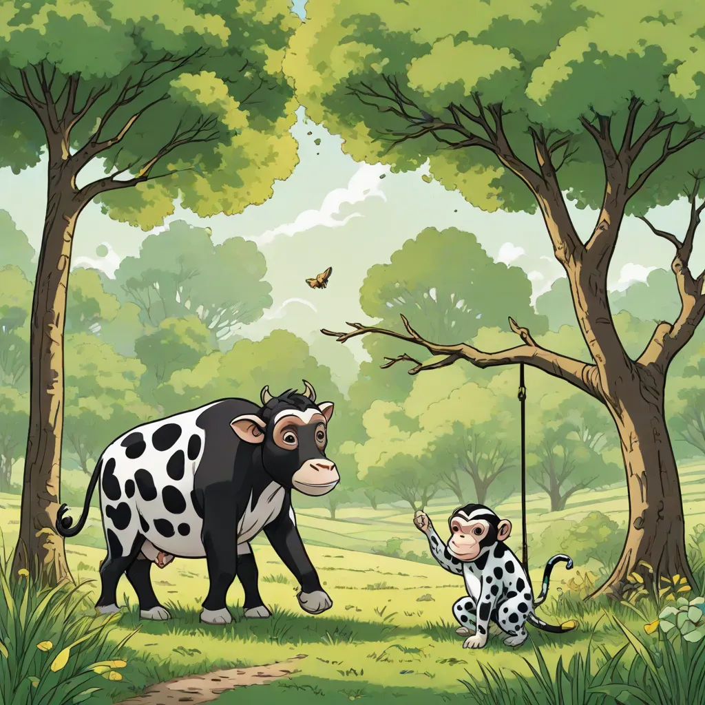 a cow and a monkey in a forest with a swing set in the foreground and a butterfly flying above, Colin Middleton, environmental art, a storybook illustration, storybook illustration