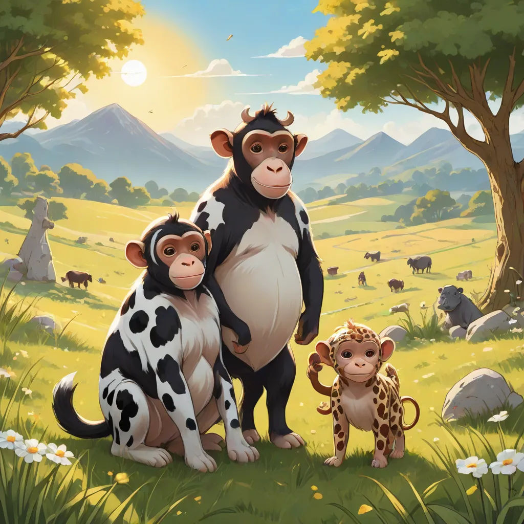 a painting of a cow and two monkeys in a field with a mountain background and a sun setting behind them, Chris LaBrooy, primitivism, a storybook illustration, promotional image