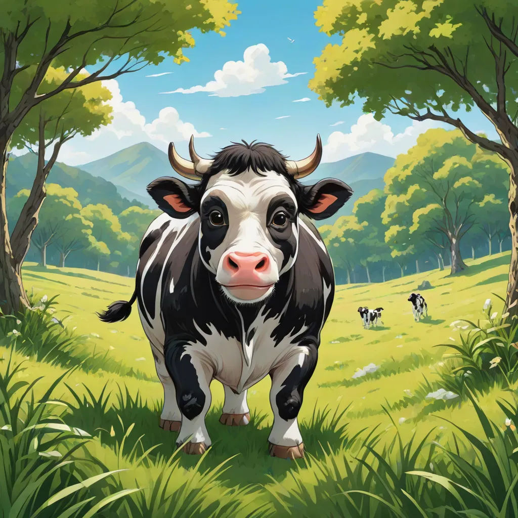 a cow standing in a field with trees and cows in the background, with a sky background and clouds, Chris LaBrooy, synthetism, a storybook illustration, 2 d game art