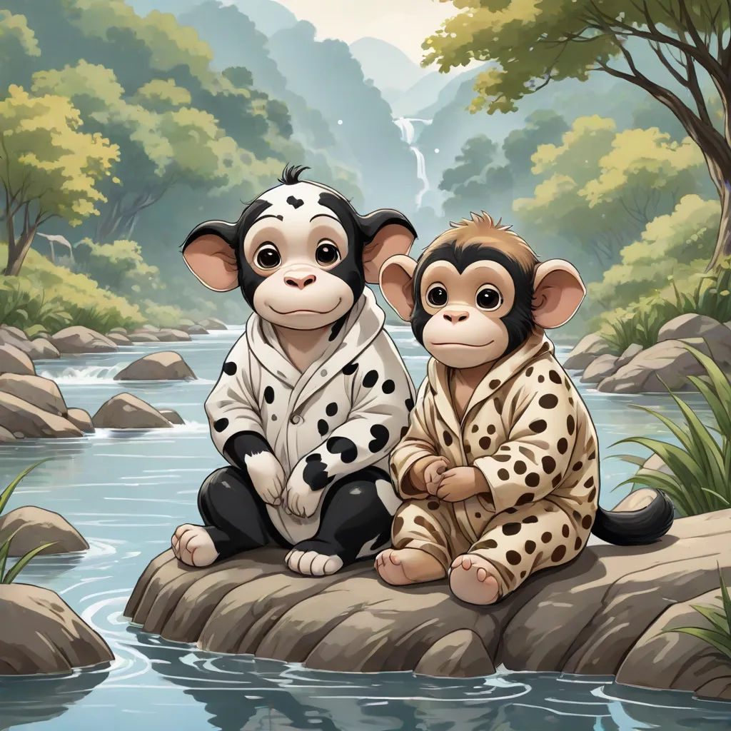 two monkeys sitting on a rock next to a river and a waterfall with a waterfall in the background and a waterfall in the foreground, Andries Both, furry art, an oil painting, official art
