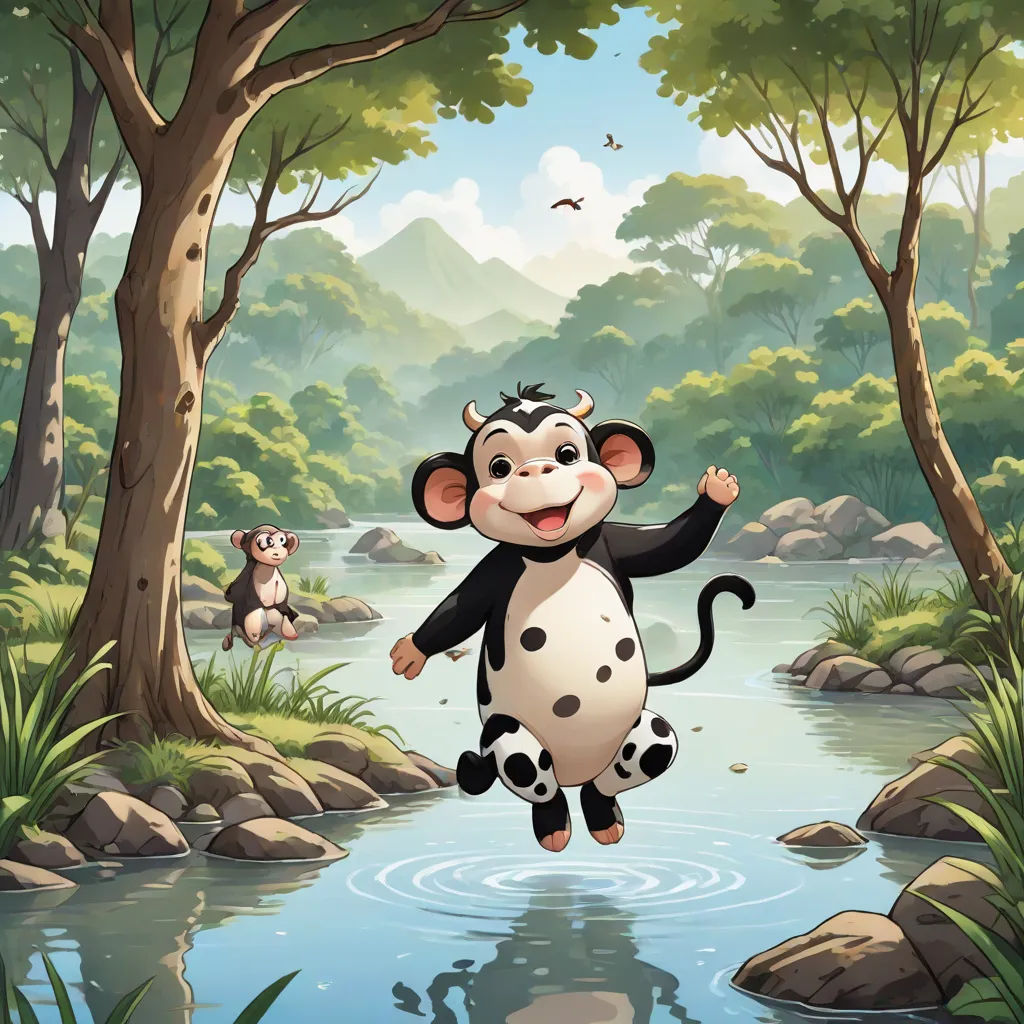 a cartoon cow is jumping into a river with a monkey nearby on a sunny day in the forest,, Chris LaBrooy, furry art, a storybook illustration, promotional image