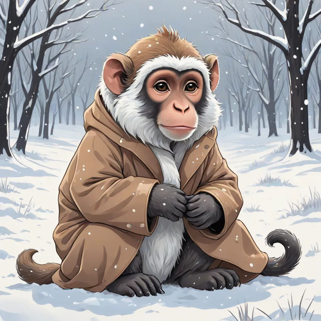 a monkey dressed in a coat sitting in the snow with his hands on his chest and his eyes closed, Alex Petruk APe, furry art, a character portrait, official art