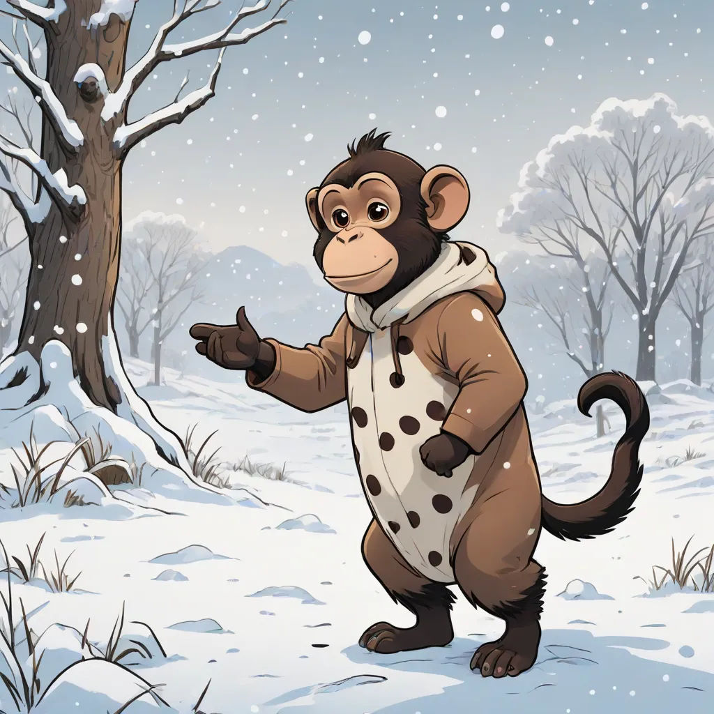 a monkey in a sweater standing in the snow next to a tree and a snow covered ground with snow falling, Diego Gisbert Llorens, furry art, a comic book panel, official art