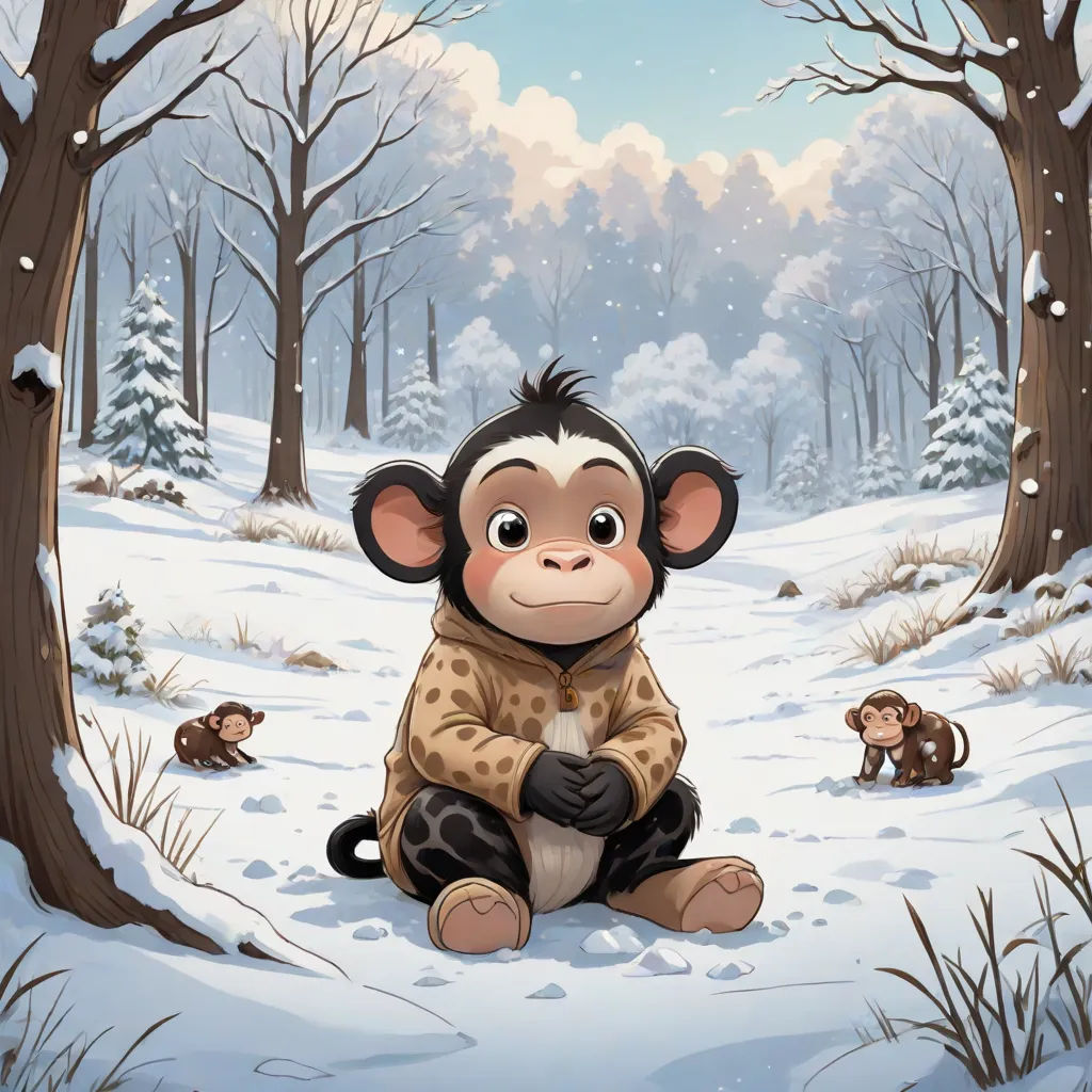a monkey sitting in the snow with a group of monkeys behind it in the background of a snowy forest, Diego Gisbert Llorens, furry art, a storybook illustration, official art