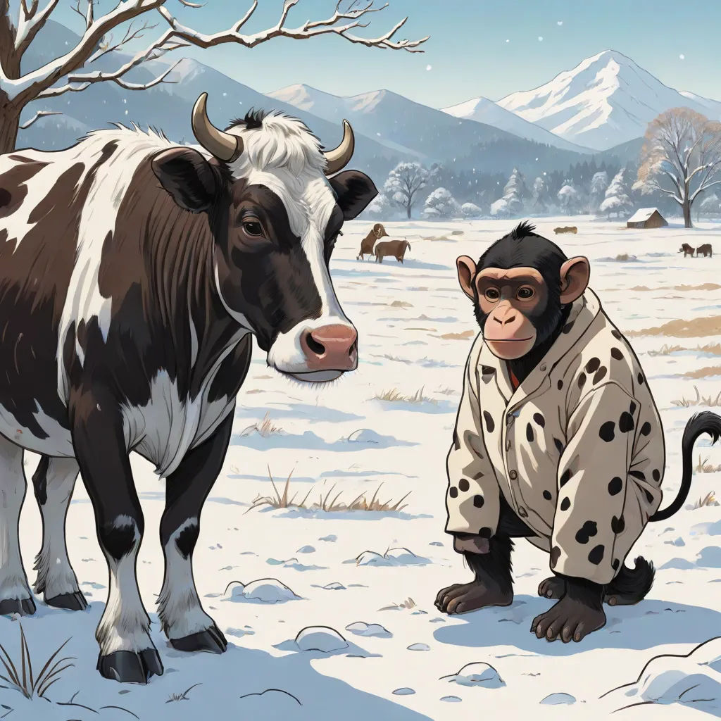 a monkey and a cow are in the snow together, with a mountain in the background, and a snow covered field, Chris LaBrooy, primitivism, a storybook illustration, behance hd