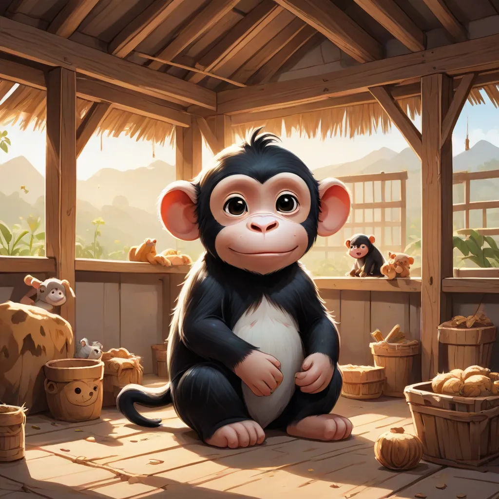 a monkey sitting on a wooden floor next to a basket of bananas and a basket of bananas on the floor, Chris LaBrooy, sots art, a digital painting, cgstudio