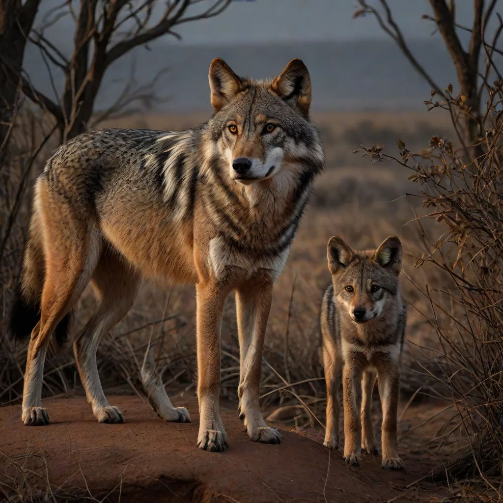 a wolf and her cub standing on a rock in the wild together in the wilderness with a background of trees and bushes, incoherents, a digital rendering, Art Brenner, wildlife photography