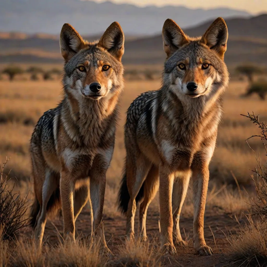 two grey wolfs standing in a field with mountains in the background at sunset or dawn or dawn or dawn, incoherents, a photo, Caspar Wolf, wildlife photography