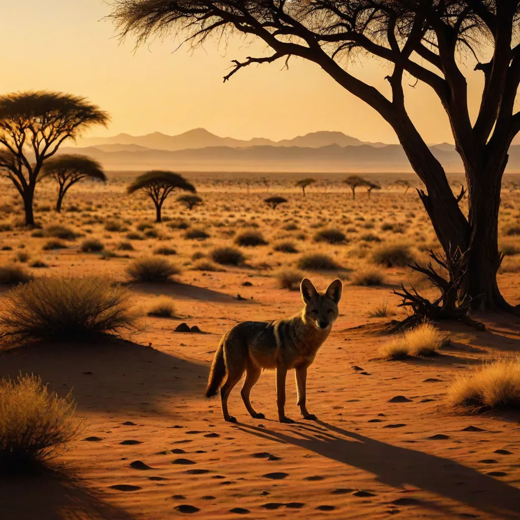 a lone wolf standing in the middle of a desert at sunset with a herd of zebras in the background, furry art, a matte painting, Chris LaBrooy, wildlife photography