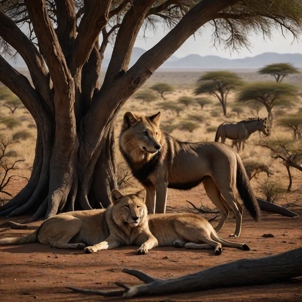 a group of lions sitting under a tree in the wild with other animals in the background in the desert, photorealism, an oil painting, Chris LaBrooy, oil painting