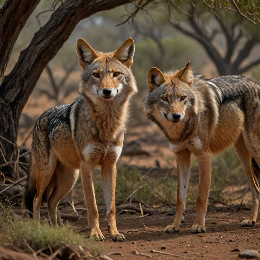 two grey wolfs standing in the dirt under a tree in the wild, looking at the camera man, incoherents, a jigsaw puzzle, Caspar Wolf, animal photography