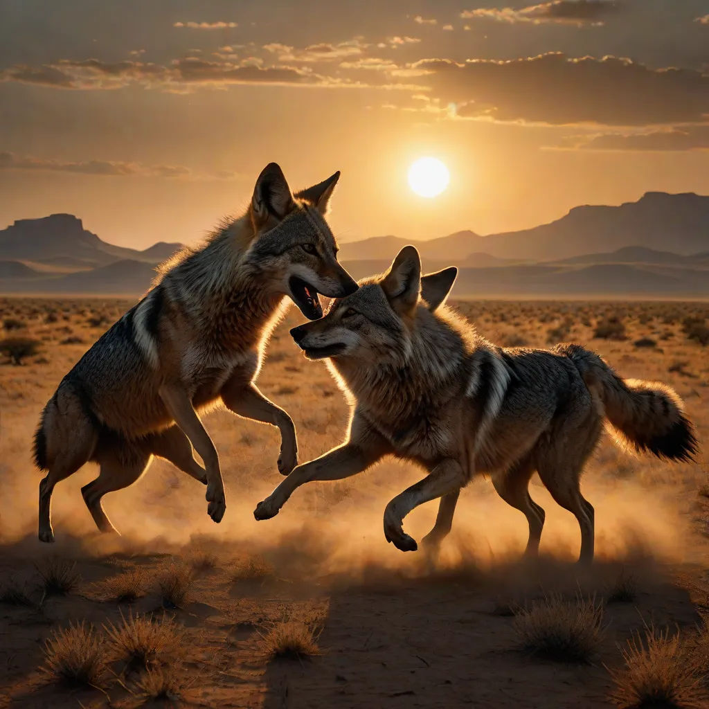 two wolfs are fighting in the desert at sunset time, with the sun setting behind them and mountains in the distance, art photography, a digital rendering, Art Brenner, wildlife photography