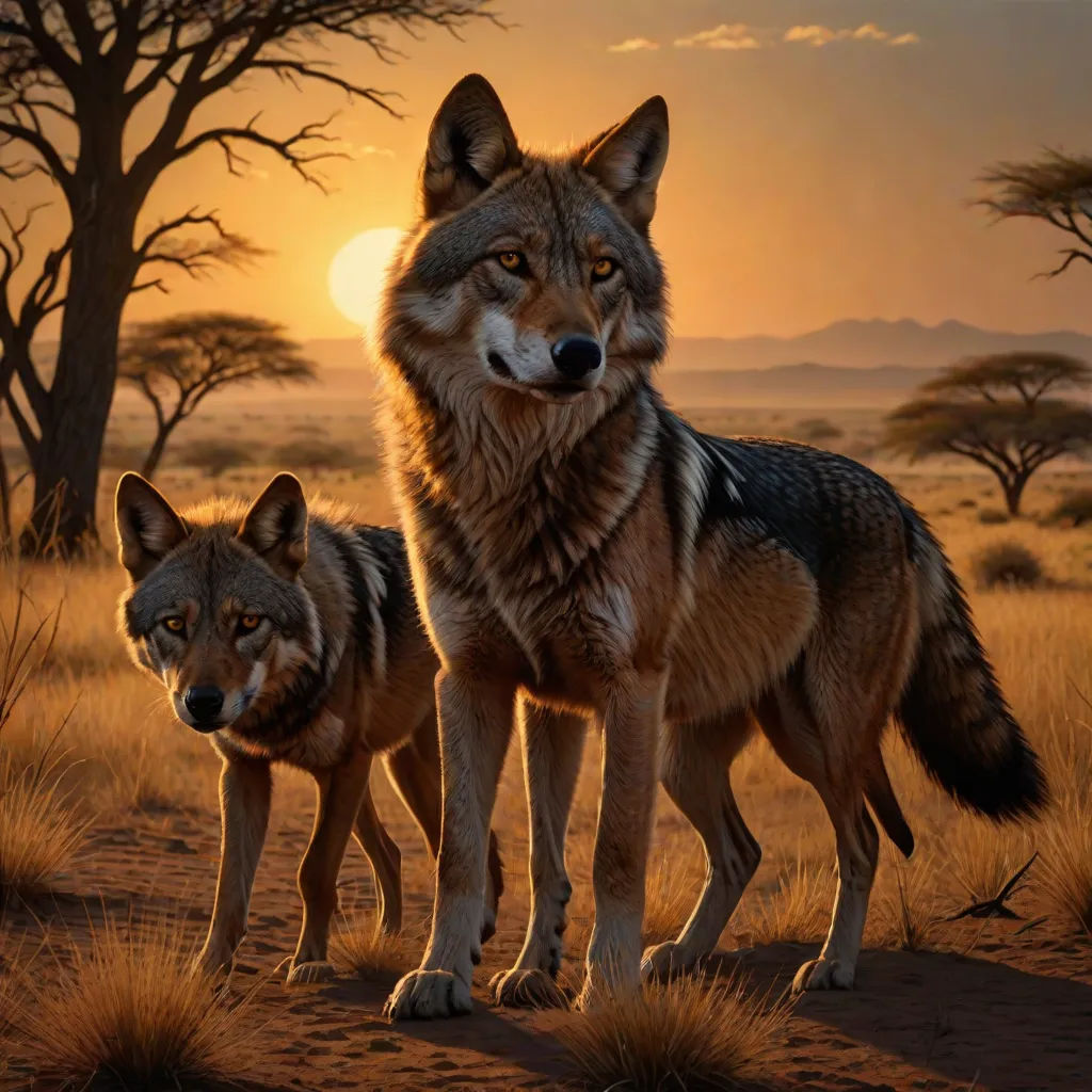 two wolfs standing in the desert at sunset with trees in the background and a sun setting behind them, furry art, an airbrush painting, Brothers Hildebrandt, photoreal