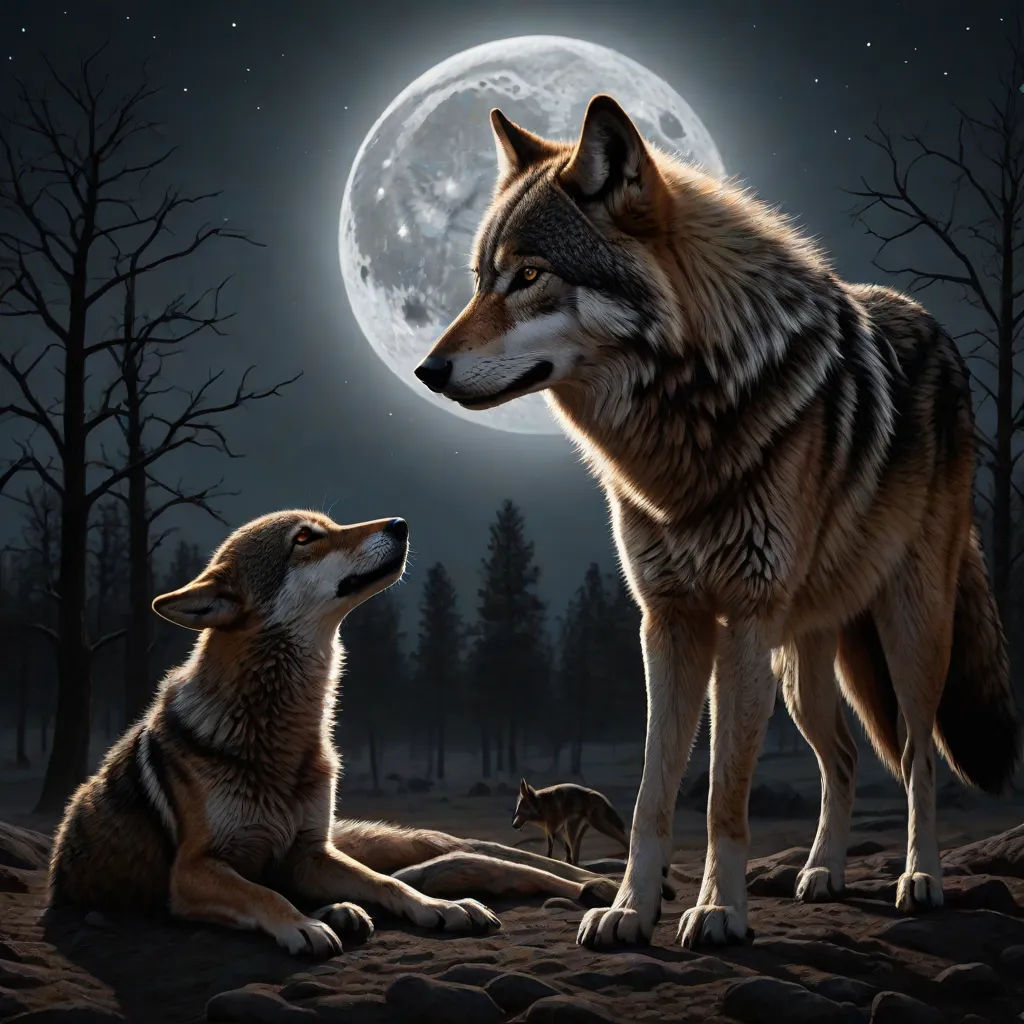 two wolfs sitting in the dirt with a full moon in the background and trees in the foreground, furry art, a digital painting, Anne Stokes, wildlife photography