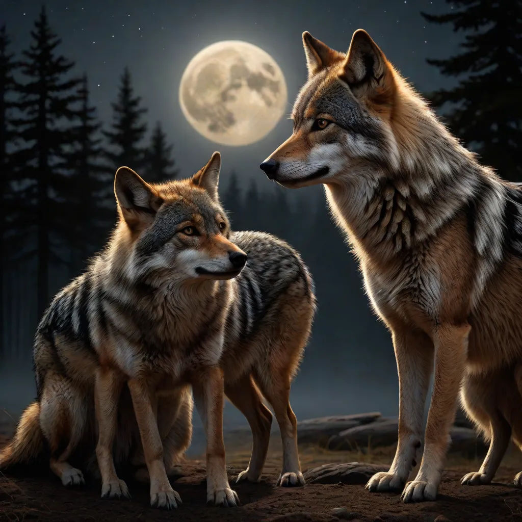 two wolfs standing in front of a full moon and trees with a full moon in the background and a full moon in the sky, furry art, a digital painting, Caspar Wolf, wildlife photography