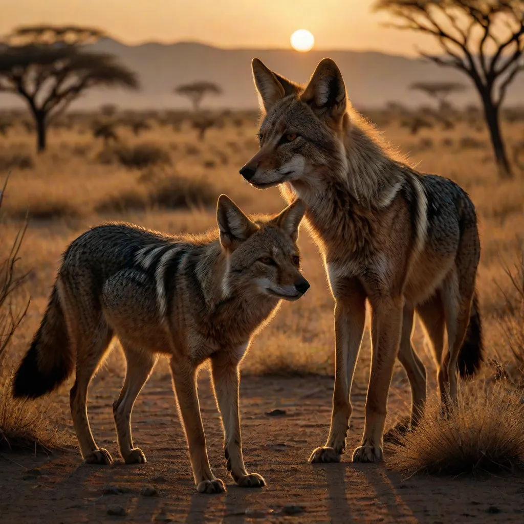 two wolfs standing in the middle of a dirt road at sunset with trees in the background and a sun setting, primitivism, a photo, Chris LaBrooy, wildlife photography