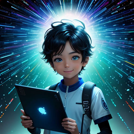 a boy holding a laptop in front of a bright background with stars and a light burst behind him,