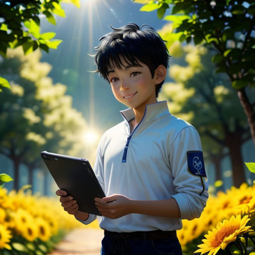 a boy holding a tablet in a sunflower field with sunflowers in the background and a path leading to the sun