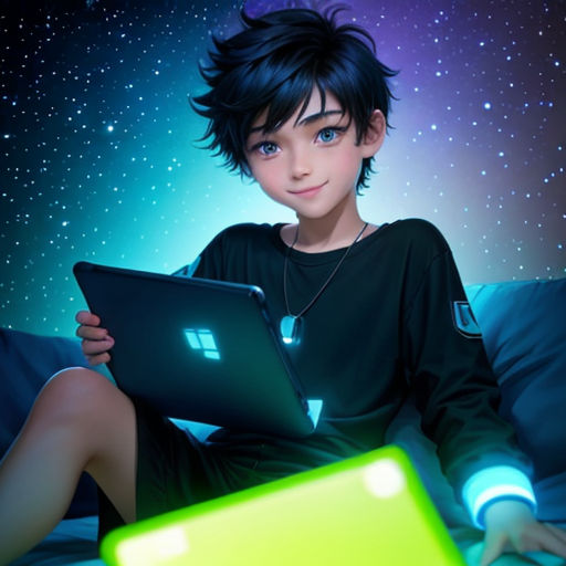 a young boy sitting on a bed holding a laptop computer in his hands and looking at the screen with a glowing glow on his face