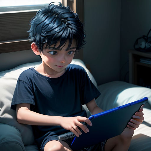 a young boy sitting on a bed holding a tablet computer and looking at the camera with a serious look on his face