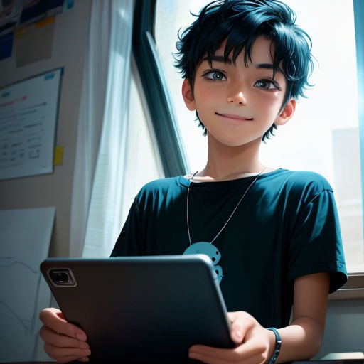 a boy with a tablet in his hands and a smile on his face, sitting in front of a window