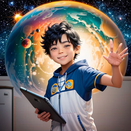 a boy holding a tablet in front of a picture of the earth and stars in the background with a hand up
