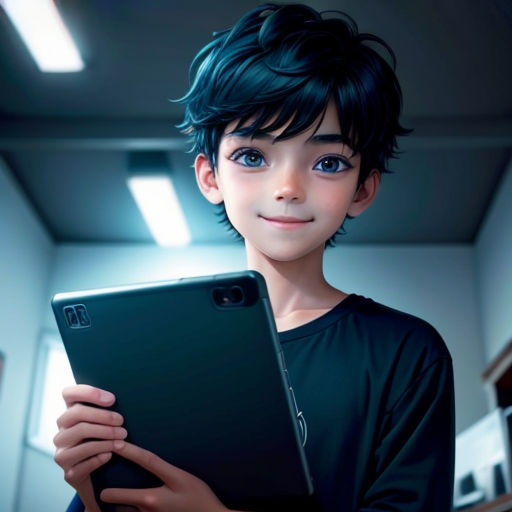 a boy holding a tablet in his hands in a room with a ceiling light and a ceiling lamp above him
