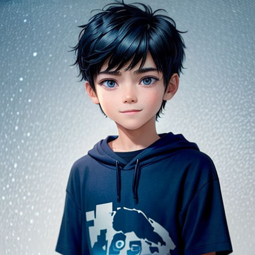 a boy with a black hair and blue eyes wearing a blue shirt with a star wars character on it