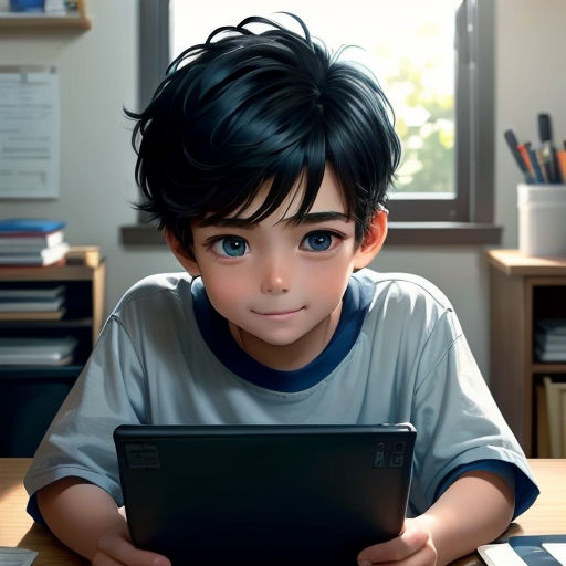 a boy sitting at a desk with a laptop computer in front of him and a window behind him with a bookcase in the background
