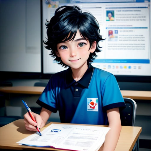 a boy sitting at a desk with a pen and paper in front of him and a computer monitor behind him