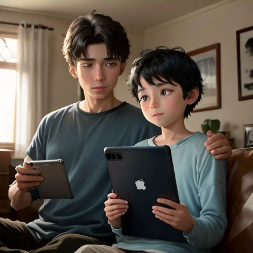 a boy and a girl sitting on a couch looking at a tablet computer and a tablet computer screen with a boy on it