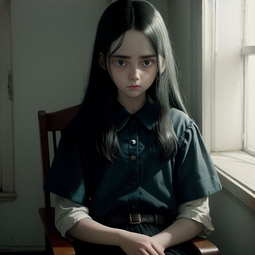 a girl sitting in a chair looking out a window with a sad look on her face and long hair