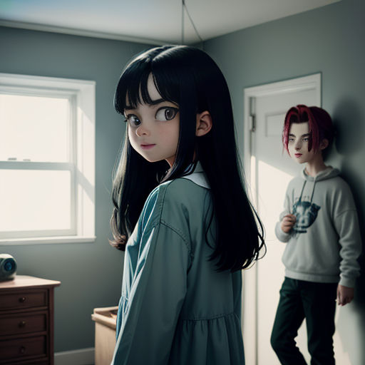 a young girl standing next to a young boy in a bedroom with a door open and a window behind her