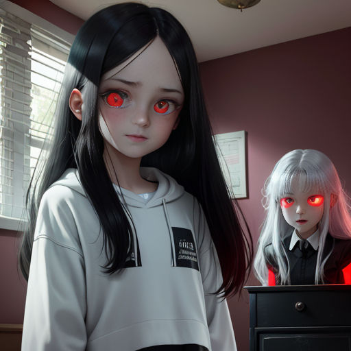 a girl with red eyes and a doll with long hair are standing in a room with a window and a red light