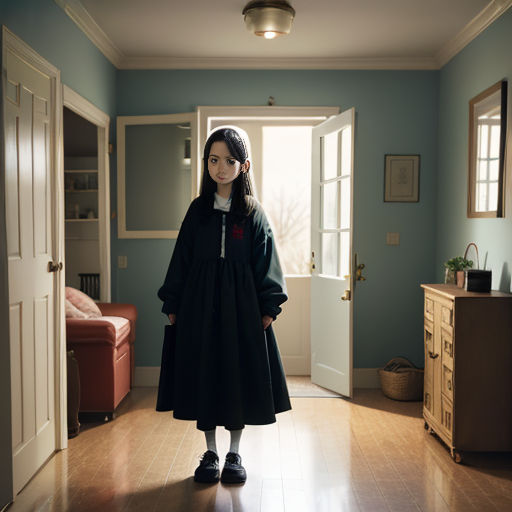 a girl in a black coat standing in a room with a red couch and a red chair in the background