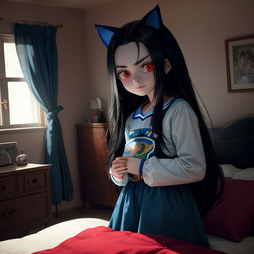 a girl with long hair and red eyes is standing in a bedroom with a cat costume on and a red pillow