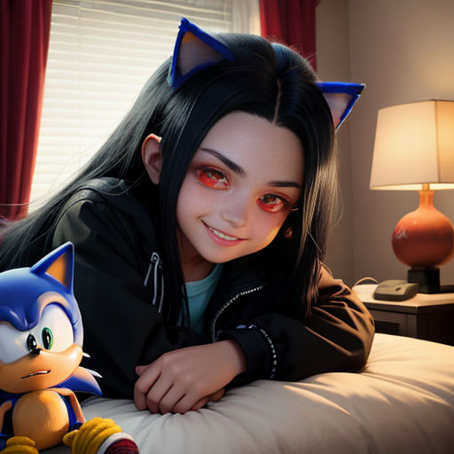 a girl with black hair and red eyes laying on a bed next to a stuffed animal cat and a lamp
