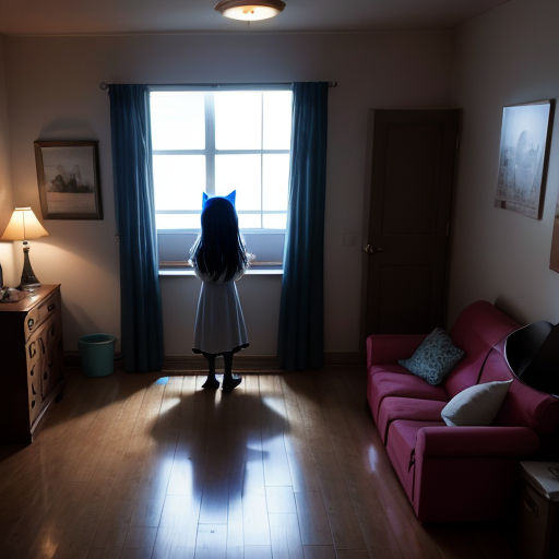 a girl standing in a living room looking out a window at the light coming in from the window sill