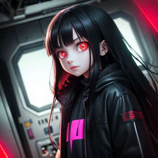 a girl with red eyes and black hair in a futuristic setting with a red light on her face and a red light on her head