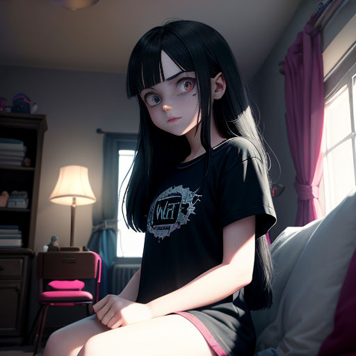 a girl sitting on a bed in a room with a window and a lamp on the side of the bed
