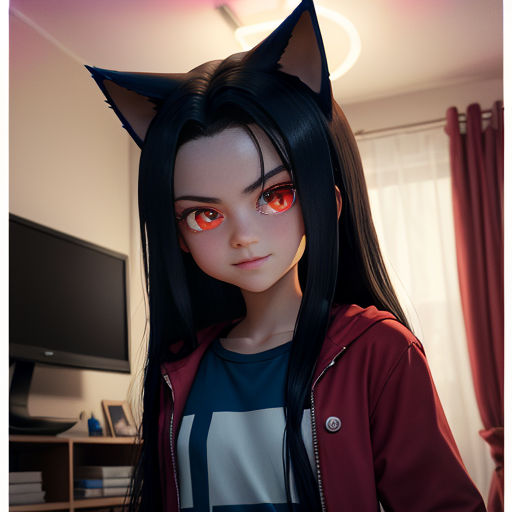 a girl with long black hair and red eyes wearing a cat ears costume and a red jacket with a cat ears on