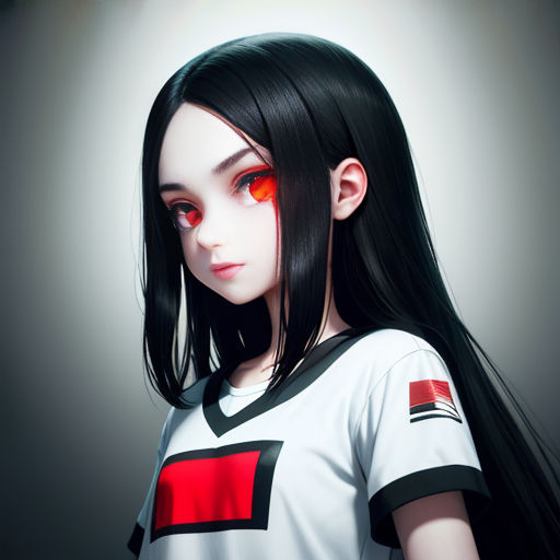a woman with long black hair and red eyes wearing a white shirt with black hair and red eyes and a black and red t - shirt with a red stripe