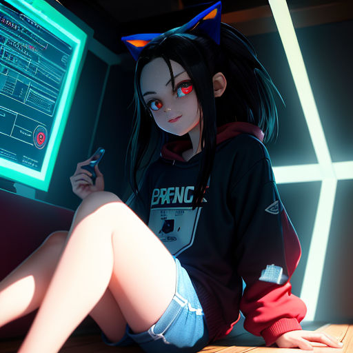 a girl sitting on a floor with a computer monitor and a cell phone in her hand and a cat ears on her head