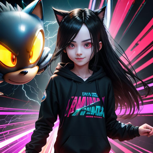 a girl in a black hoodie with a cat on her back and a neon background with a cat