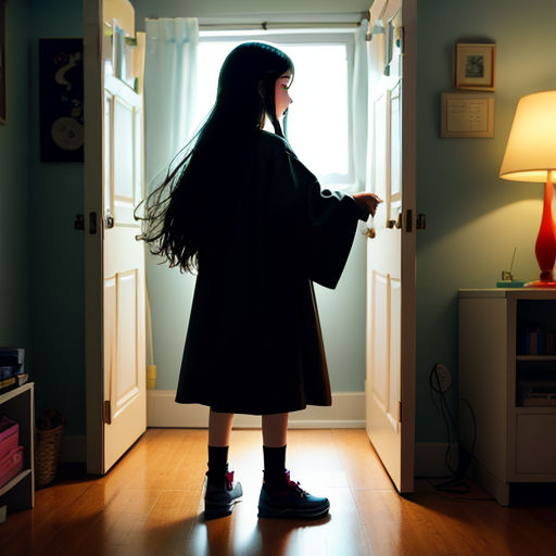 a woman standing in a doorway with her hair blowing in the wind and a lamp on the side of the door