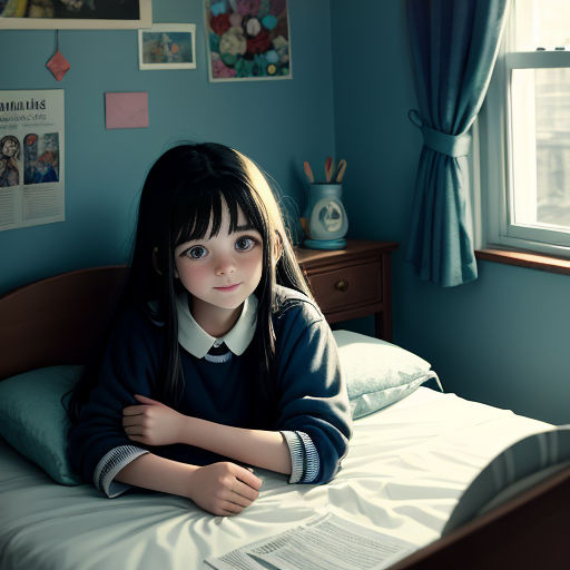 a young girl laying on a bed with a book in her hand and a window in the background with a blue wall