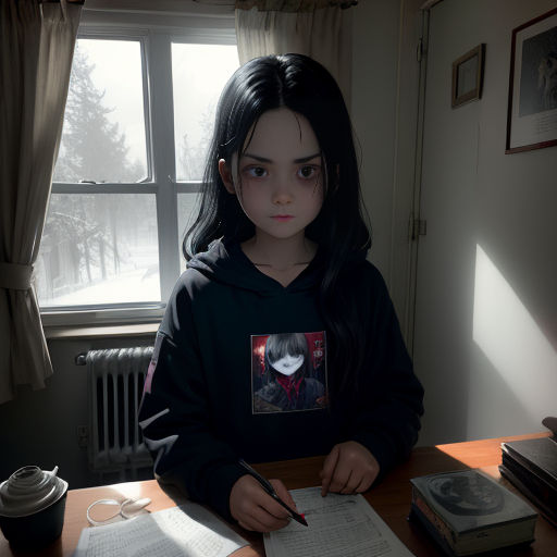 a young girl sitting at a desk with a book and a cup of coffee in front of her and a window