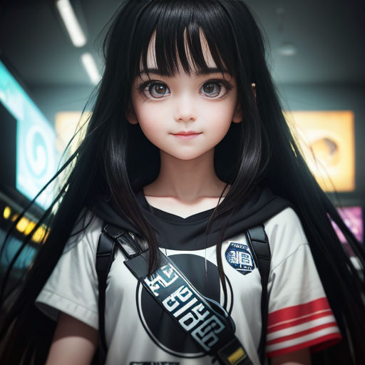 a doll with long black hair and a white shirt with a black and red stripe on it's chest